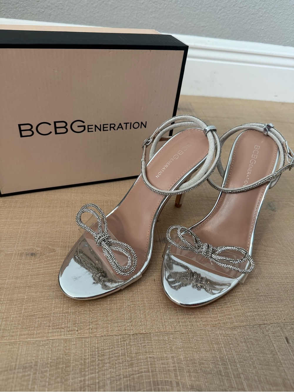 BCBGeneration Silver Bow-Embellished Strappy Evening Heels